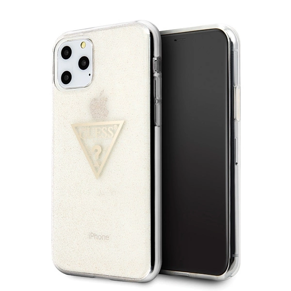 Guess GUHCN58SGTLGO iPhone 11 Pro auksinis kietas dėklas „Glitter Triangle“