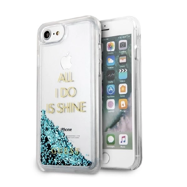 Guess GUHCP7GLUQBL iPhone 6/7/8/SE 2020/SE 2022 mėlynas kietas dėklas „Liquid Glitter Party“