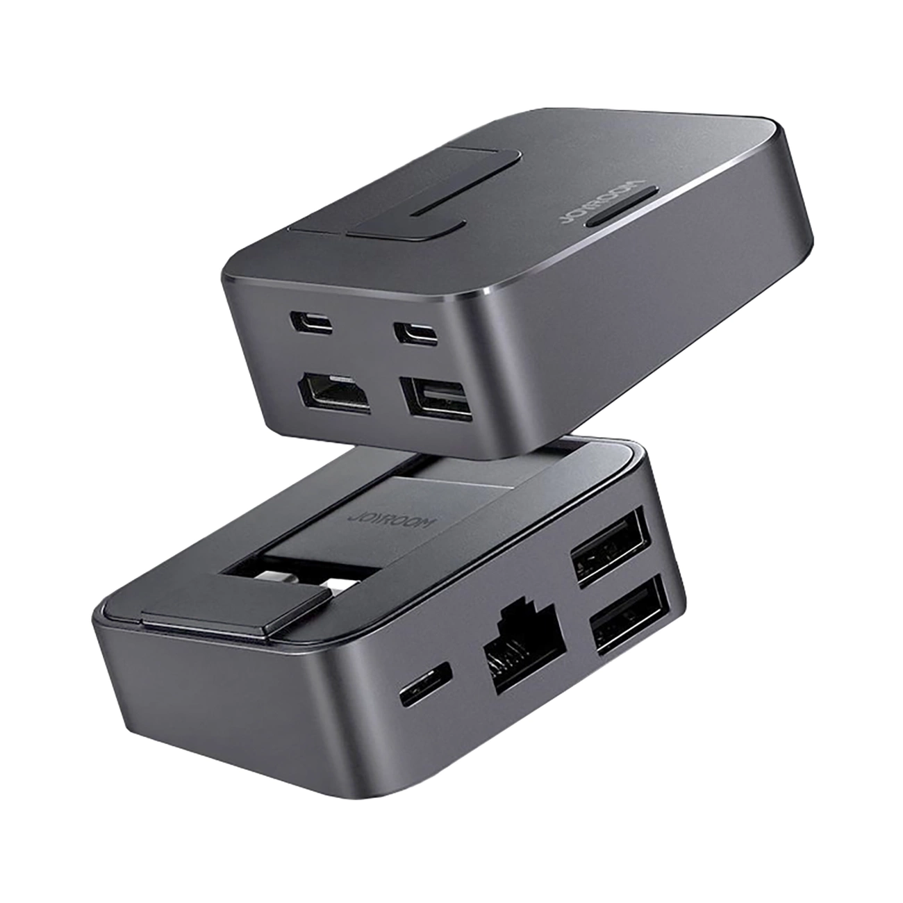 Hub Joyroom S-H121 USB-C stovėklas - USB-A 3.0 / RJ45 / HDMI / USB-C / Thunderbolt MacBook Pro - pilkas