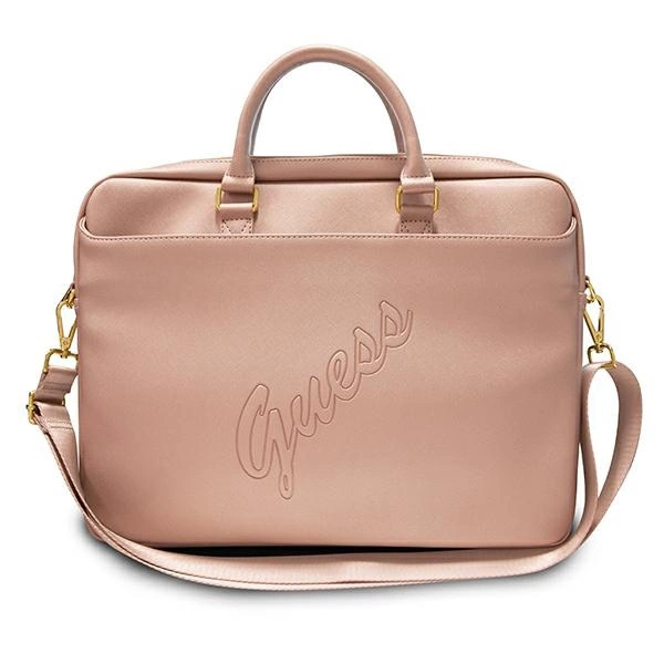 Guess Saffiano Script 16" nešiojamo kompiuterio krepšys - rožinis