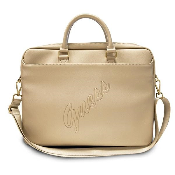 Guess Saffiano Script 16" nešiojamo kompiuterio krepšys - auksinis