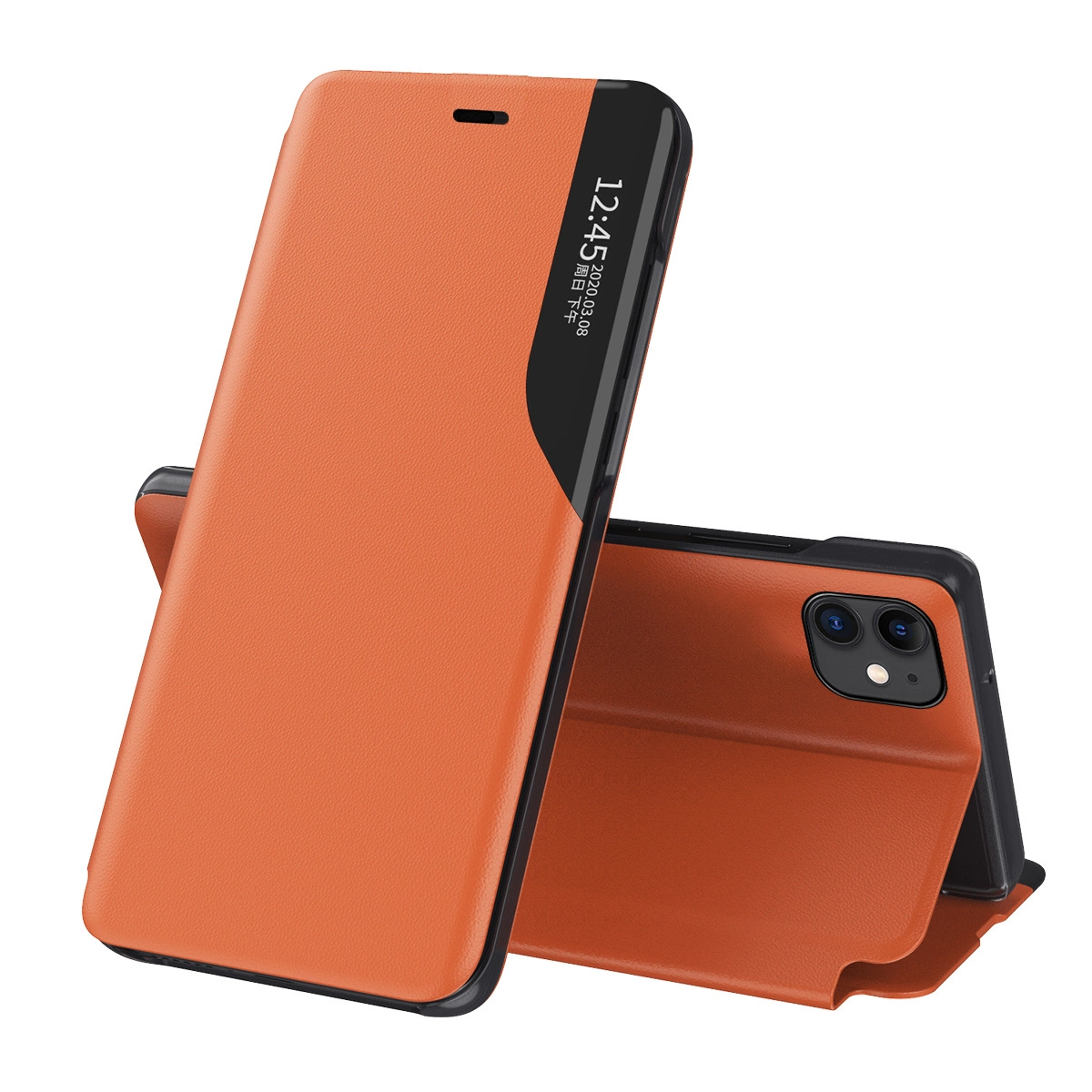Eco Leather View elegantiškas knygos tipo dėklas su atrama iPhone 13 Pro Max oranžinis
