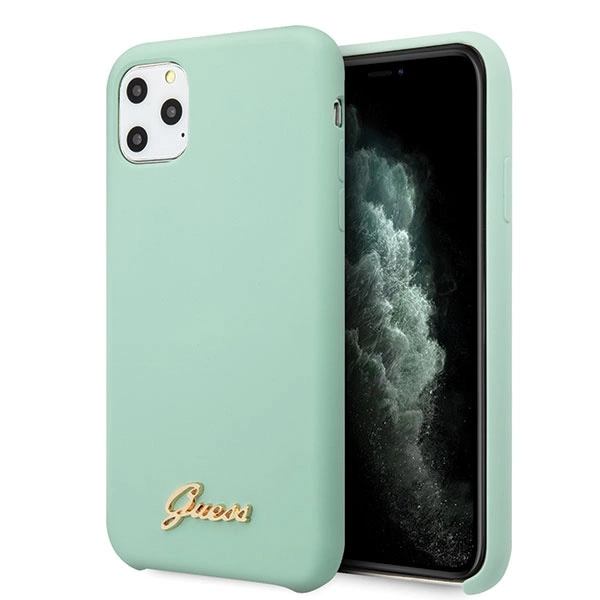 Guess GUHCN65LSLMGG iPhone 11 Pro Max žalias silikoninis kietas dėklas „Vintage Gold Logo“