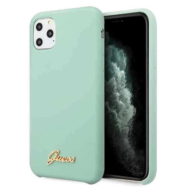 Guess GUHCN58LSLMGG iPhone 11 Pro žalias silikoninis kietas dėklas „Vintage Gold Logo“