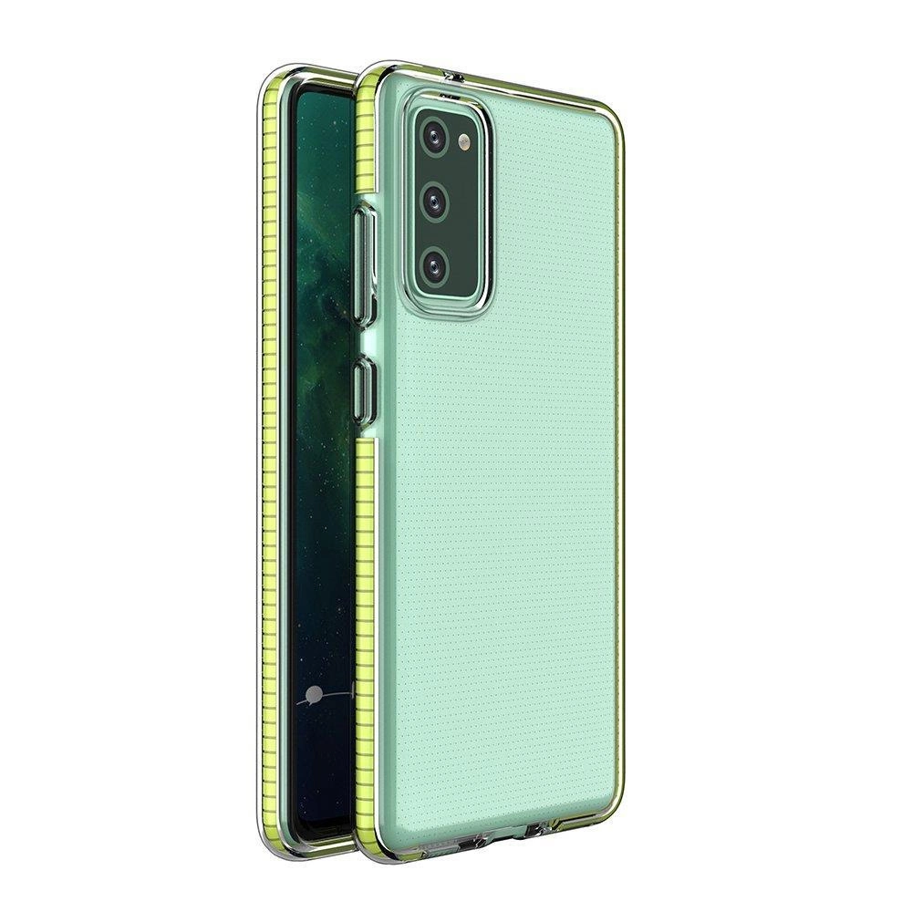 Spring Case skaidrus TPU gelio apsauginis dėklas su spalvotu rėmeliu Samsung Galaxy A72 4G geltona