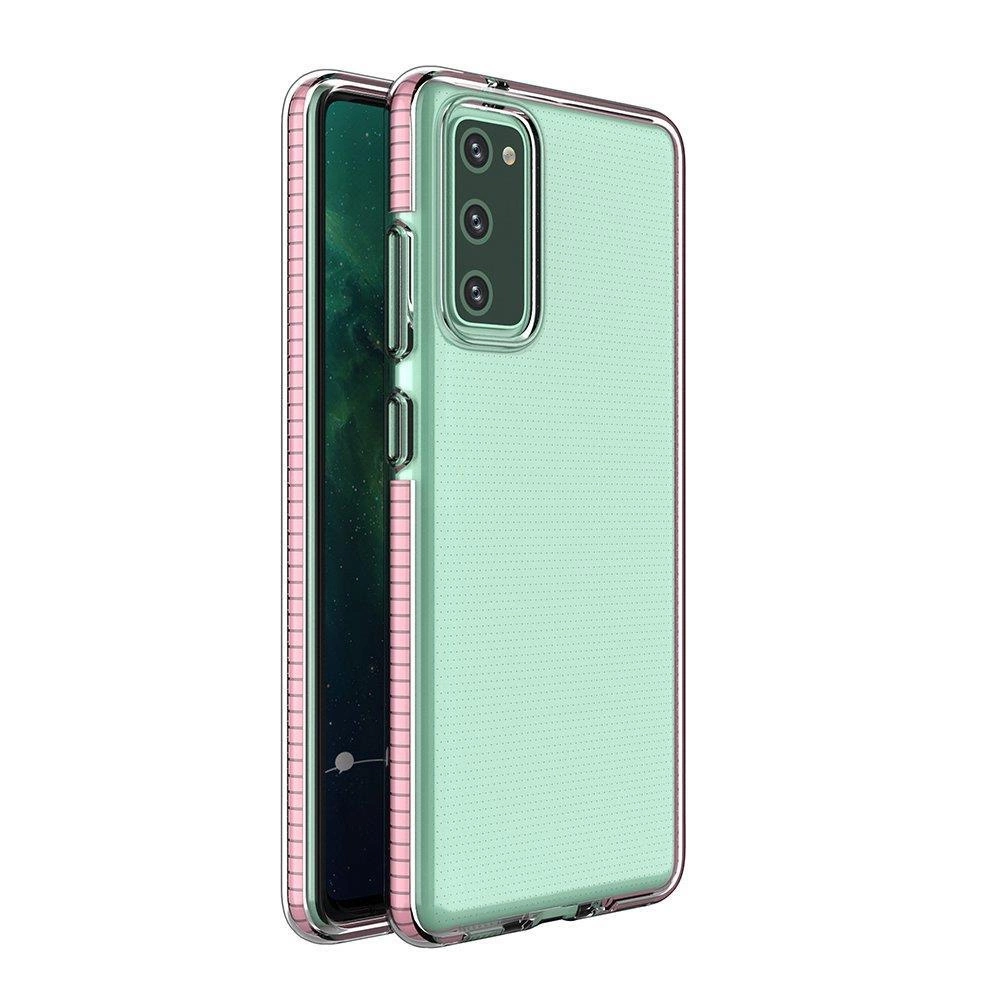 Spring Case skaidrus TPU gelio apsauginis dėklas su spalvotu rėmeliu Samsung Galaxy A72 4G šviesiai rožinė