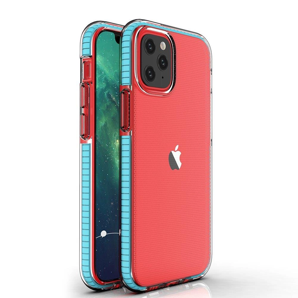 Spring Case permatomas TPU gelio dėklas su spalvotu rėmeliu iPhone 13 mini šviesiai mėlynas
