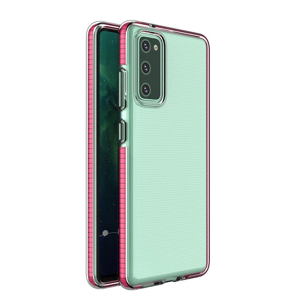 Spring Case skaidrus TPU gelio apsauginis dėklas su spalvotu rėmeliu Samsung Galaxy A72 4G šviesiai rožinė