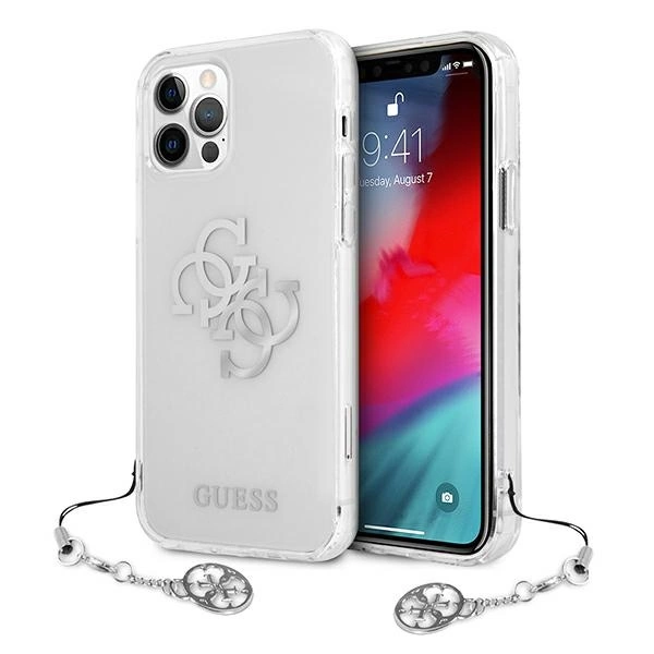 Guess GUHCP12LKS4GSI iPhone 12 Pro Max 6.7" permatomas kietas dėklas 4G Sidabrinės Charms kolekcija