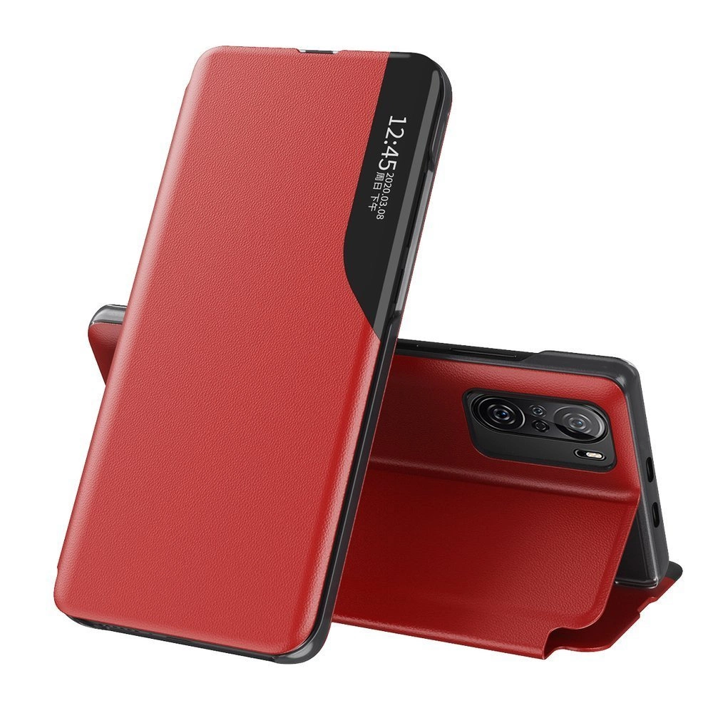 Eco Leather View Case elegantiškas atverčiamas dėklas su stovėjimo funkcija Xiaomi Redmi K40 Pro + / K40 Pro / K40 / Poco F3 raudonas