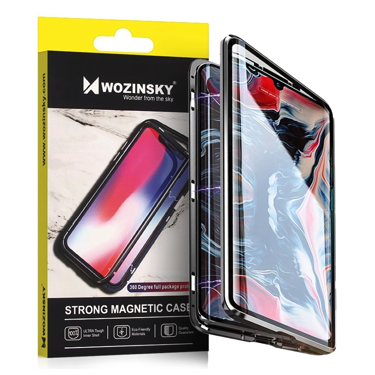Wozinsky Full Magnetic Case kietasis dėklas su stiklu priekinėje ir galinėje dalyje Samsung Galaxy A72 4G juoda-skaidri
