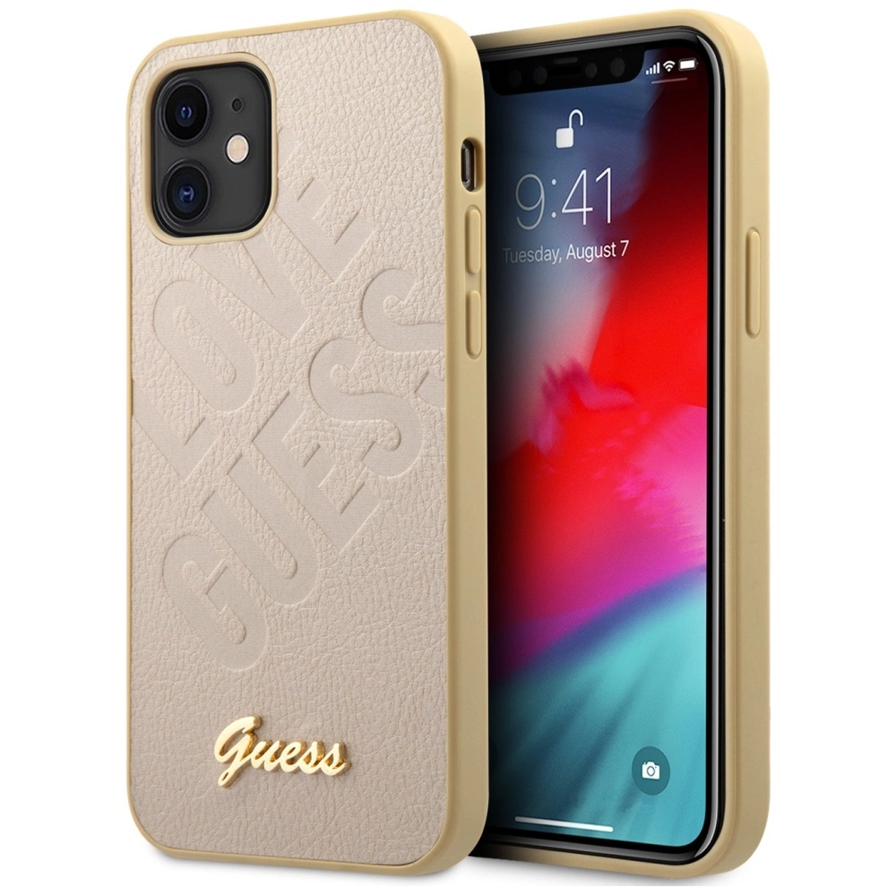 Guess GUHCP12SPUILGLG iPhone 12 mini 5,4" auksinė/gold kieta dėklas Vaivorykštinis Love Script Gold Logo