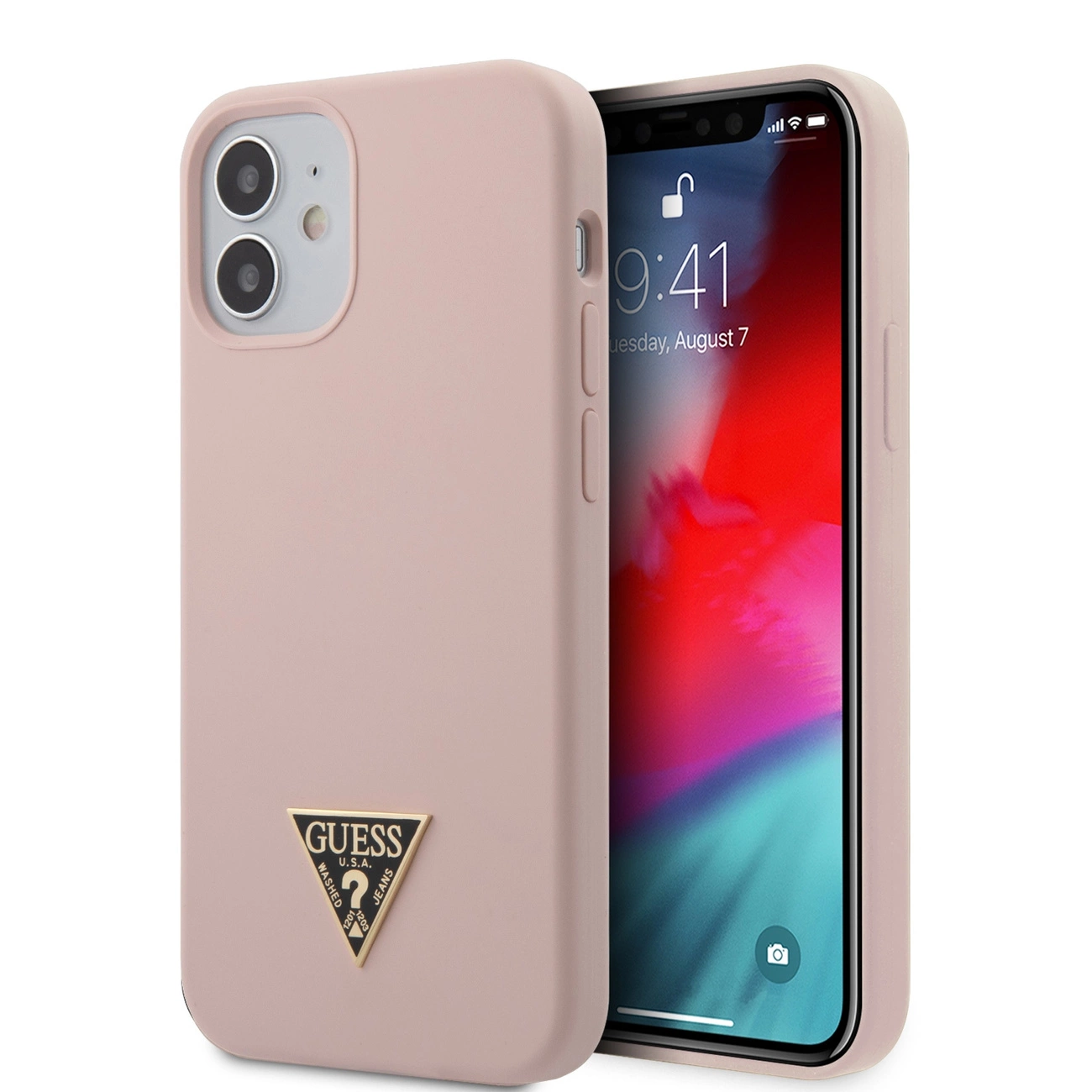 Guess GUHCP12SLSTMLP iPhone 12 mini 5,4" šviesiai rožinė/light pink kieta dėklas Trikampių logotipas