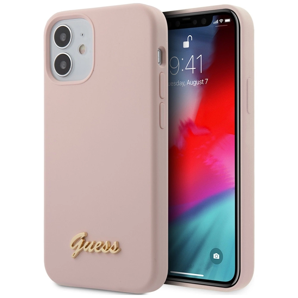 Guess GUHCP12SLSLMGLP iPhone 12 mini 5,4" šviesiai rožinė/light pink kieta dėklas Silikoninis su auksiniu logotipu