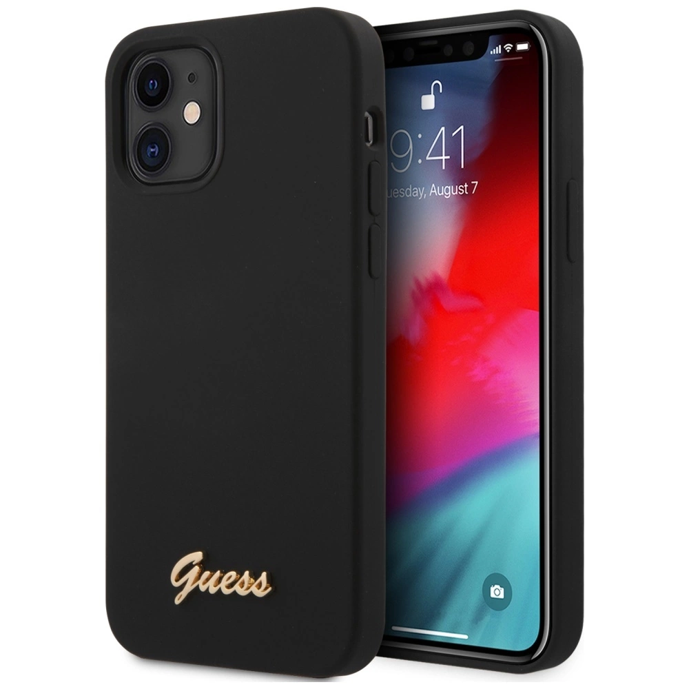 Guess GUHCP12SLSLMGBK iPhone 12 mini 5,4" juoda/juoda kieta dėklas Silikoninis su auksiniu logotipu