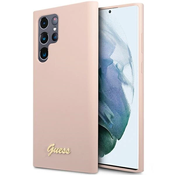 Guess GUHCS23LLSLMGPP S23 Ultra S918 – rožinis/rožinis kietas dėklas, Silicone Script Metal Logo