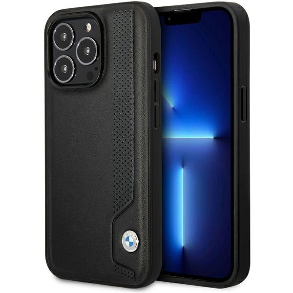 BMW BMHCP14L22RBDK dėklas iPhone 14 Pro 6.1" – juodas/juodas kietas, Leather Blue Dots