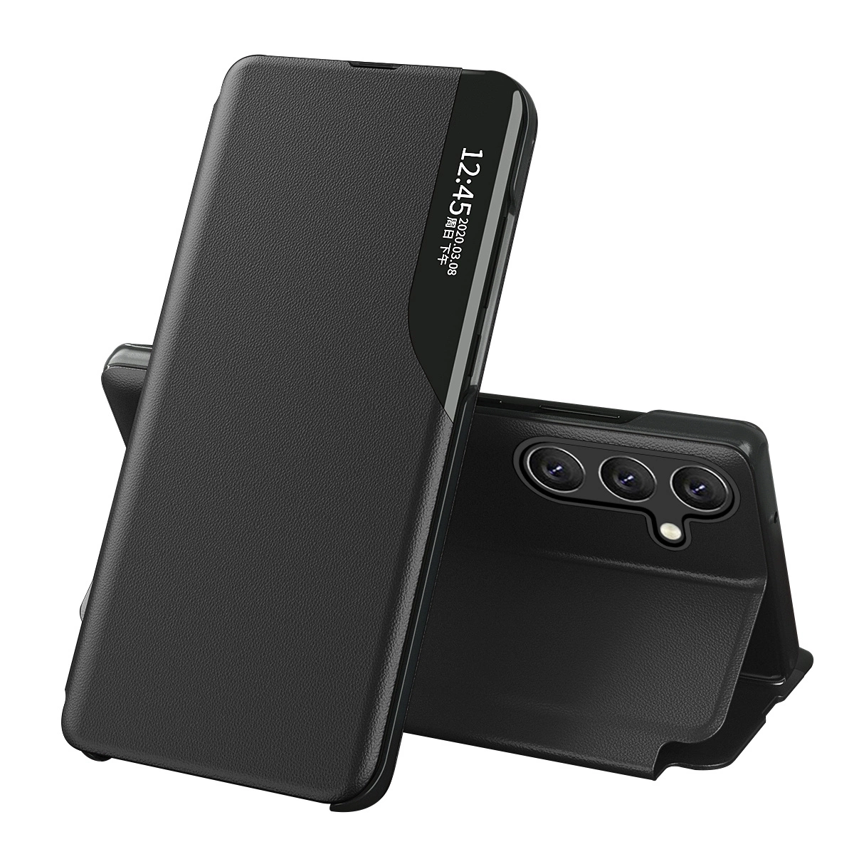 Eco Leather View Case dėklas Samsung Galaxy A54 5G – su atverčiamu stovu, juodas