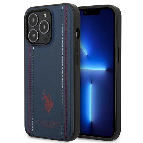 US Polo USHCP14XPFAV dėklas iPhone 14 Pro Max 6,7" – tamsiai mėlynas odinis su siūlėmis