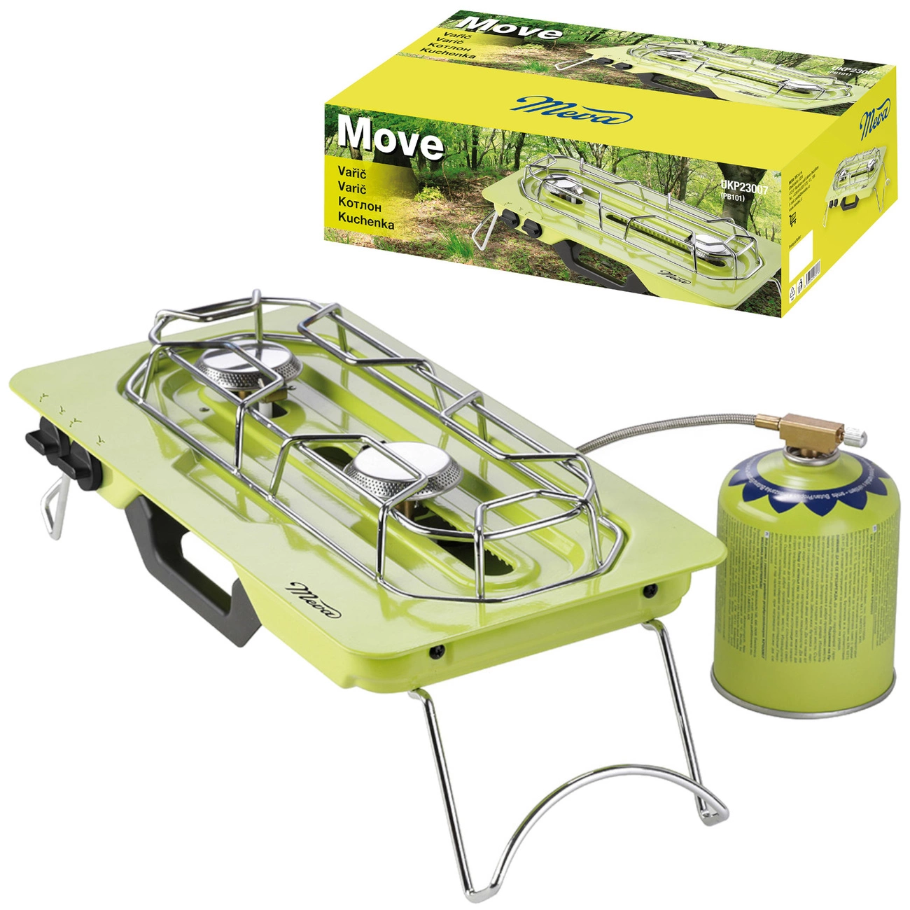 MOVE stovyklavimo viryklė 2 degikliai dujų kasetėms + reguliuojamas degiklis 4,6 kW