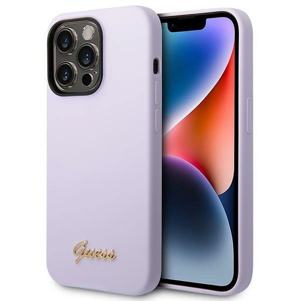 Guess GUHCP14XSLSMU iPhone 14 Pro Max 6,7" violetinis kietas dėklas Silicone Vintage Gold Logo