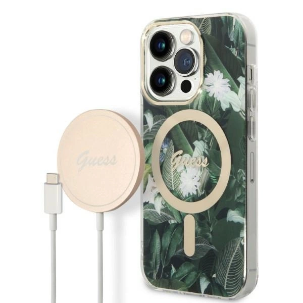 Rinkinys Guess GUBPP14XHJEACSA Case+Charger iPhone 14 Pro Max 6,7" – žalias/žalias kietas dėklas, Jungle MagSafe