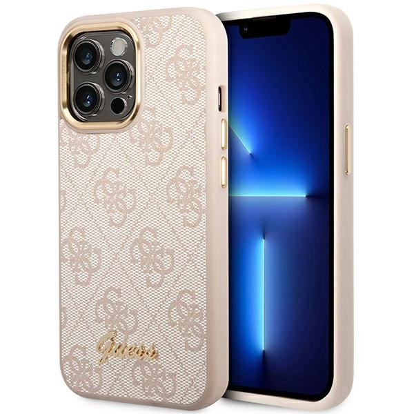 Guess 4G Vintage Gold Logo dėklas iPhone 14 Pro – rožinis