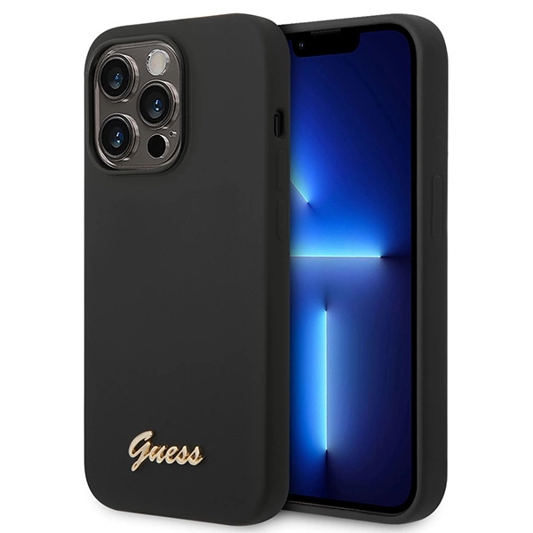 Guess GUHCP14XSLSMK iPhone 14 Pro Max 6,7" juodas kietas dėklas Silicone Vintage Gold Logo