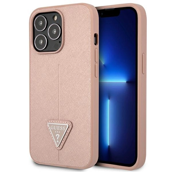 Guess GUHCP14XPSATLP iPhone 14 Pro Max 6,7" rožinis kietas dėklas Saffiano Triangle Logo