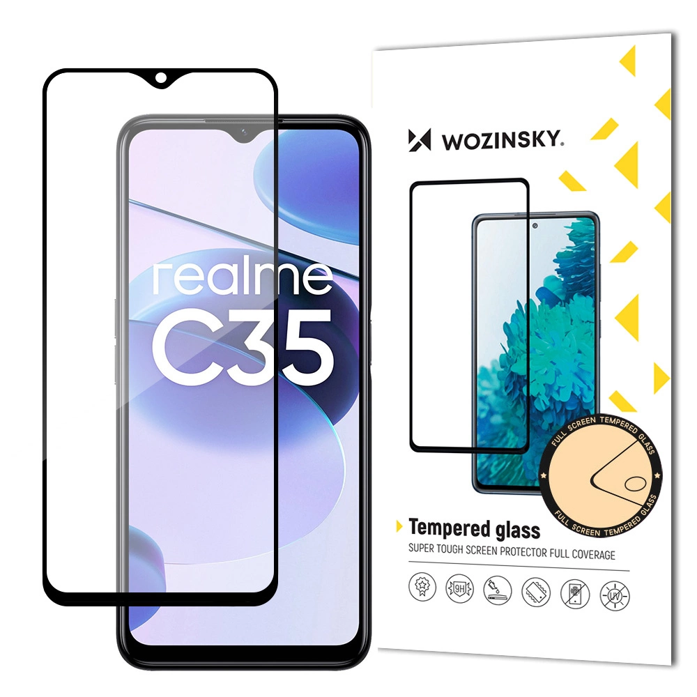 Wozinsky itin tvirtas Full Glue grūdintas stiklas su rėmeliu, suderinamas su dėklu, Realme C35, juodas rėmelis