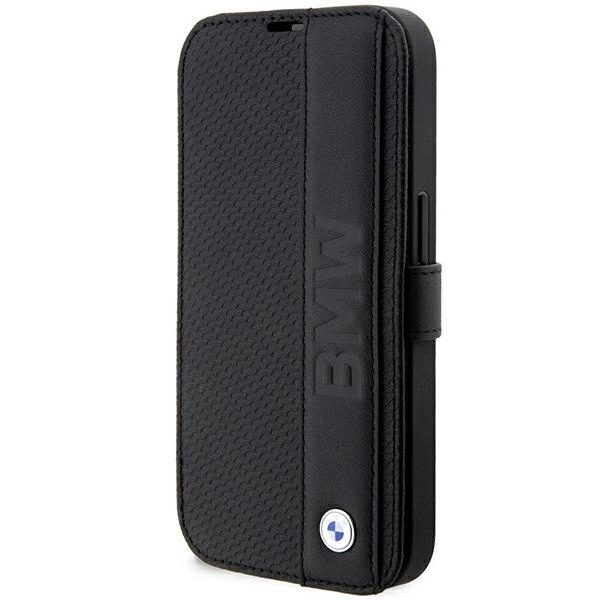 BMW BMBKP14X22RDPK dėklas iPhone 14 Pro Max 6.7" – juodas/juodas, knygutės tipo, Leather Textured & Stripe