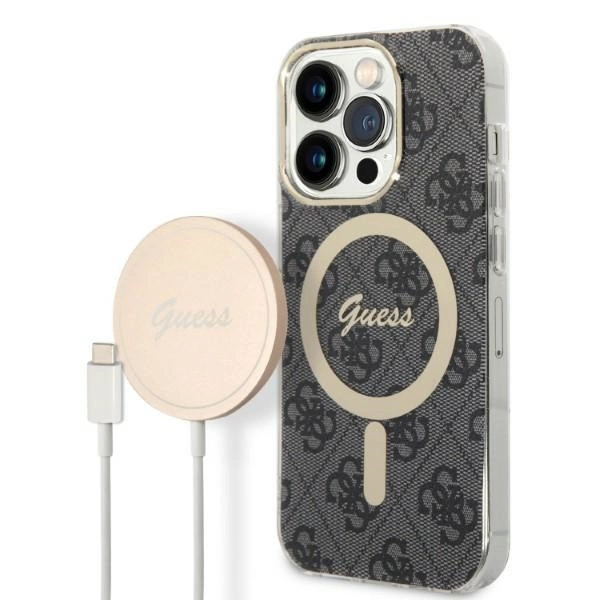 Rinkinys Guess GUBPP14XH4EACSK Case+Charger iPhone 14 Pro Max 6,7" – juodas/juodas kietas dėklas, 4G Print MagSafe
