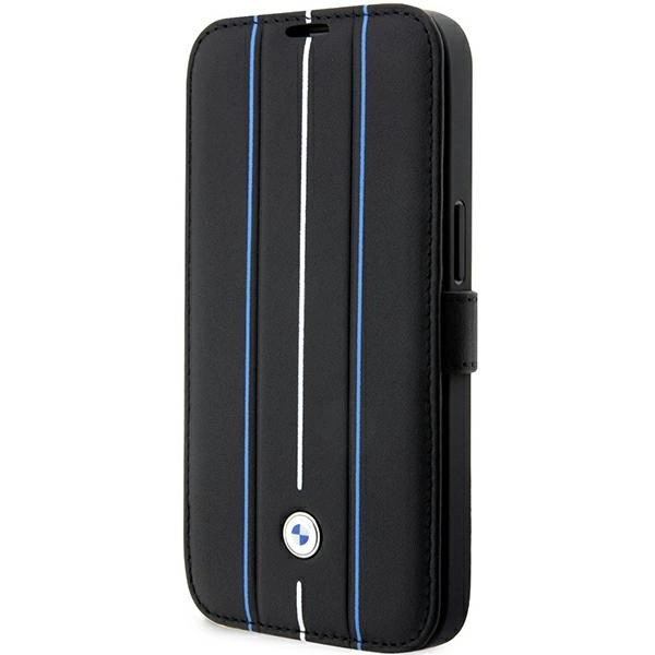 BMW BMBKP14L22RVSK dėklas iPhone 14 Pro 6.1" – juodas/juodas, knygutės tipo, Leather Stamp Blue Lines