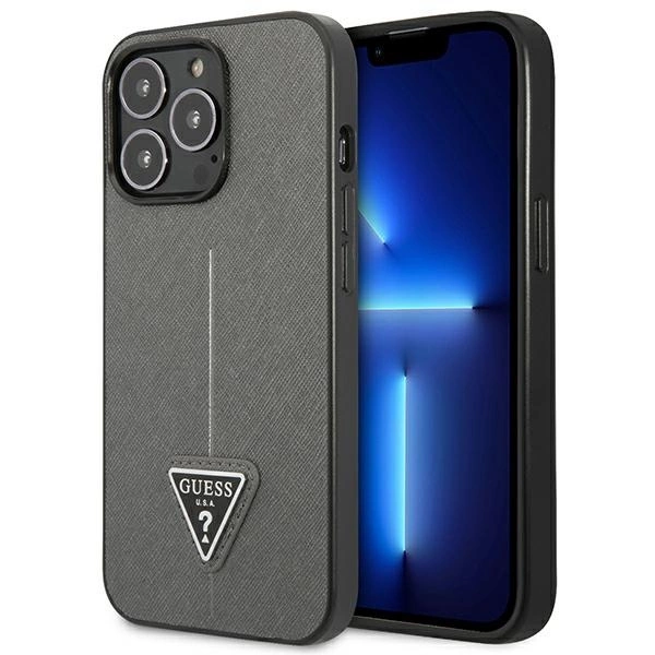 Guess GUHCP14XPSATLG iPhone 14 Pro Max 6,7" sidabrinis kietas dėklas Saffiano Triangle Logo