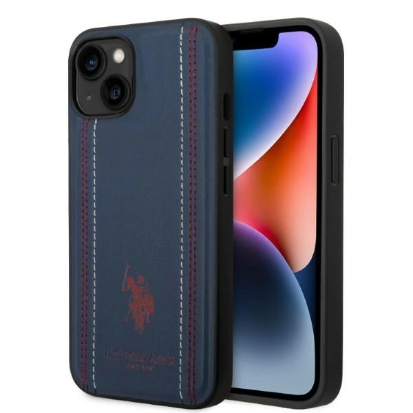 US Polo USHCP14MPFAV dėklas iPhone 14 Plus 6,7" – tamsiai mėlynas odinis su siūlėmis