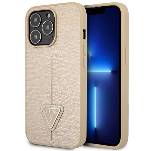Guess GUHCP14XPSATLE iPhone 14 Pro Max 6,7" smėlio spalvos kietas dėklas Saffiano Triangle Logo
