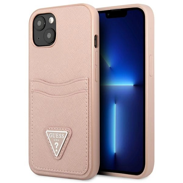 Guess GUHCP13SPSATPP iPhone 13 mini 5,4" rožinis kietas dėklas Saffiano Triangle Logo su kortelių skyriumi