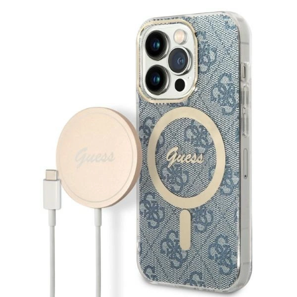 Rinkinys Guess GUBPP14XH4EACSB Case+Charger iPhone 14 Pro Max 6,7" – mėlynas/mėlynas kietas dėklas, 4G Print MagSafe