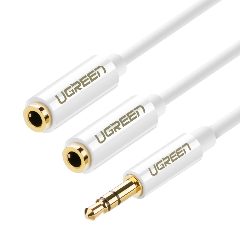 Ugreen ausinių skirstymo kabelis mini jack 3,5 mm - 2 x mini jack 3,5 mm (2 x stereo išėjimas) 20 cm – baltas (AV134)