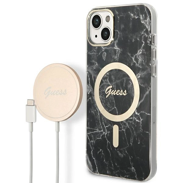 Rinkinys Guess GUBPP14SHMEACSK Case+Charger iPhone 14 6,1" – juodas/juodas kietas dėklas, Marble MagSafe