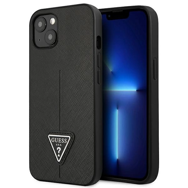 Guess GUHCP13SPSATLK iPhone 13 mini 5,4" juodas kietas dėklas Saffiano Triangle Logo