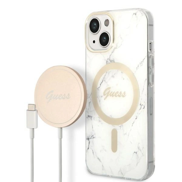 Rinkinys Guess GUBPP14SHMEACSH Case+Charger iPhone 14 6,1" – baltas/baltas kietas dėklas, Marble MagSafe