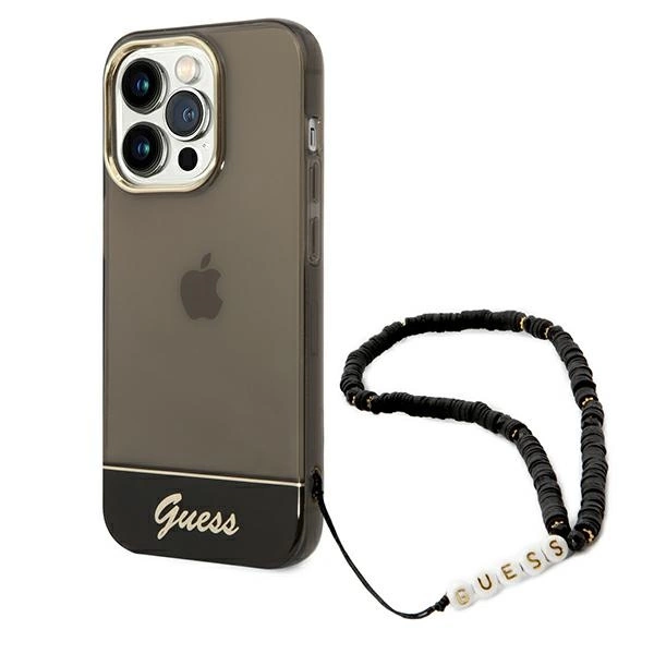 Guess GUHCP14LHGCOHK iPhone 14 Pro 6,1" juodas kietas dėklas Translucent Pearl Strap