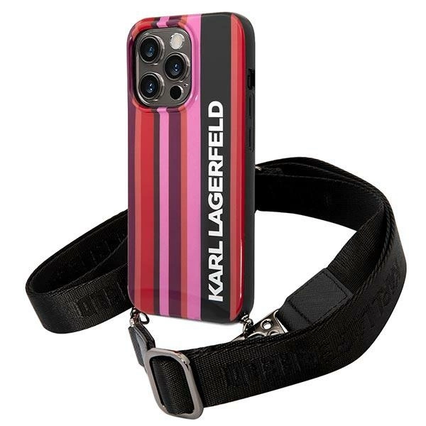 Karl Lagerfeld KLHCP14LSTSTP iPhone 14 Pro 6,1" rožinis kietas dėklas Color Stripes Strap
