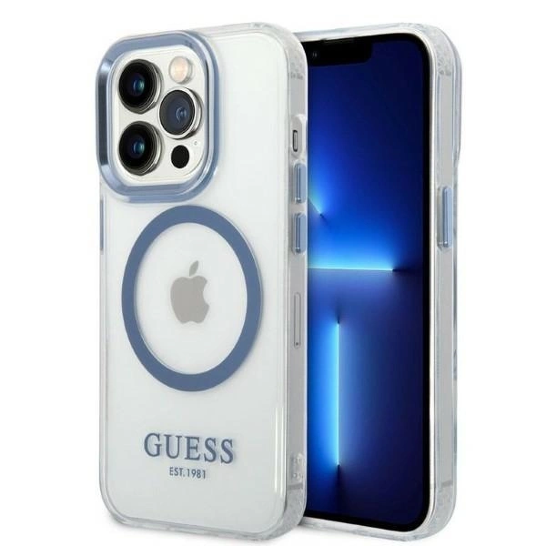 Guess Metal Outline MagSafe dėklas iPhone 14 Pro – mėlynas