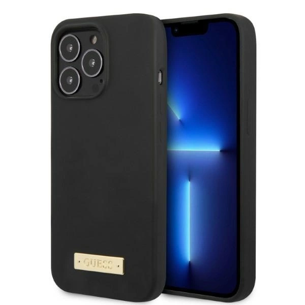 Guess GUHMP13XSPLK iPhone 13 Pro Max 6,7" – juodas/juodas kietas dėklas, Silicone Logo Plate MagSafe