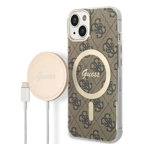 Rinkinys Guess GUBPP14MH4EACSW Case+Charger iPhone 14 Plus 6,7" – rudas/rudas kietas dėklas, 4G Print MagSafe