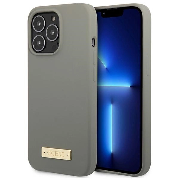 Guess GUHMP13XSPLG iPhone 13 Pro Max 6,7" – pilkas/pilkas kietas dėklas, Silicone Logo Plate MagSafe