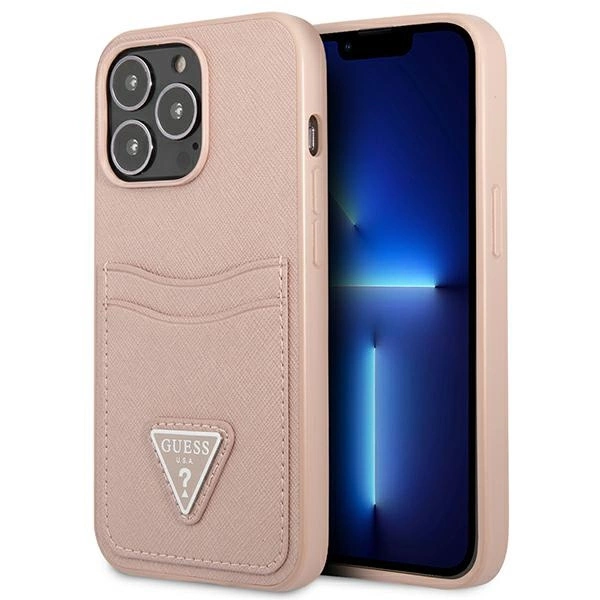 Guess GUHCP13LPSATPP iPhone 13 Pro / 13 6,1" rožinis kietas dėklas Saffiano Triangle Logo su kortelių skyriumi