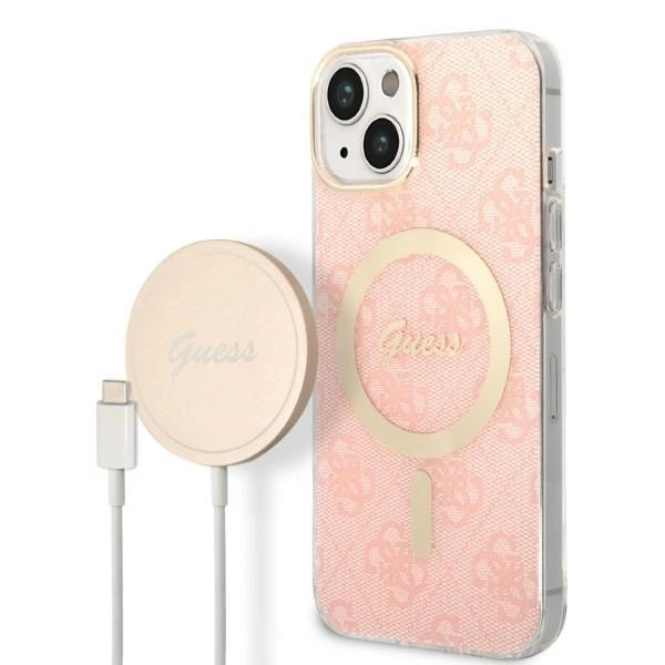 Rinkinys Guess GUBPP14MH4EACSP Case+Charger iPhone 14 Plus 6,7" – rožinis/rožinis kietas dėklas, 4G Print MagSafe